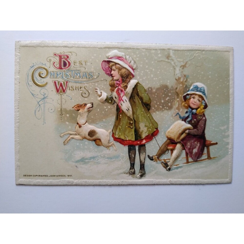 1912 John Winsch Christmas Postcard, Embossed Girls Dog Sledding Snow